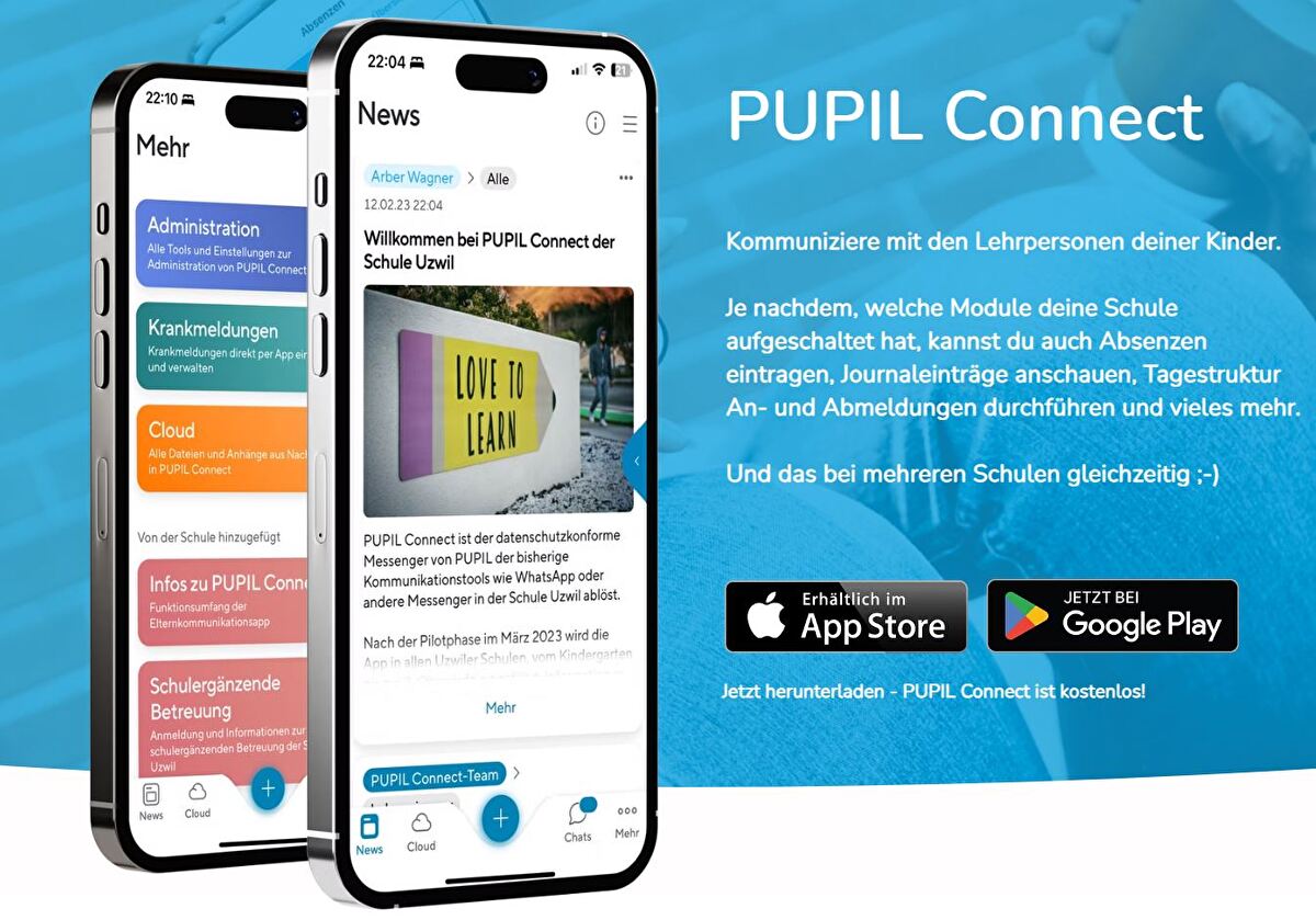 PUPIL Connect – Eltern-App der Schule Waltenschwil auf zwei Smartphones